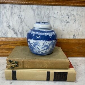 Vintage small, hand-painted blue and white porcelain ginger jar